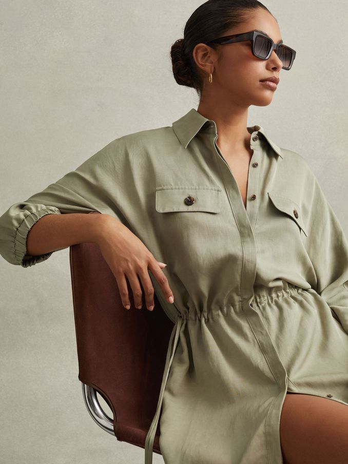 Viscose-Linen Tie Waist Mini Dress in Green (846082) | $245