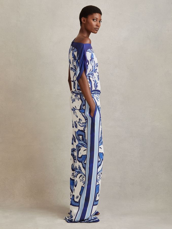 Tile Print Off-The-Shoulder Jumpsuit in Blue (846688) | 897 SAR