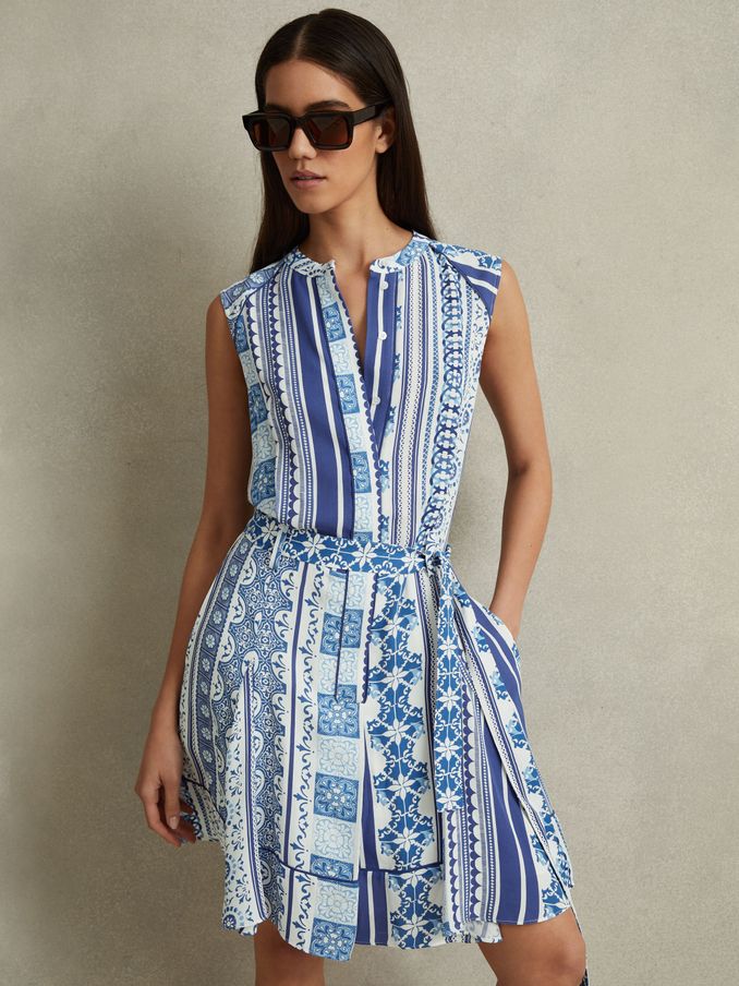 Tile Print Belted Mini Dress in Blue (846745) | 556 SAR
