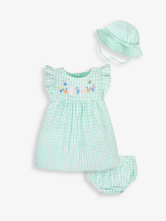 Duck Egg 3-Piece Gingham Bunny Embroidered Dress With Knickers & Floppy Hat Set (847829) | $19
