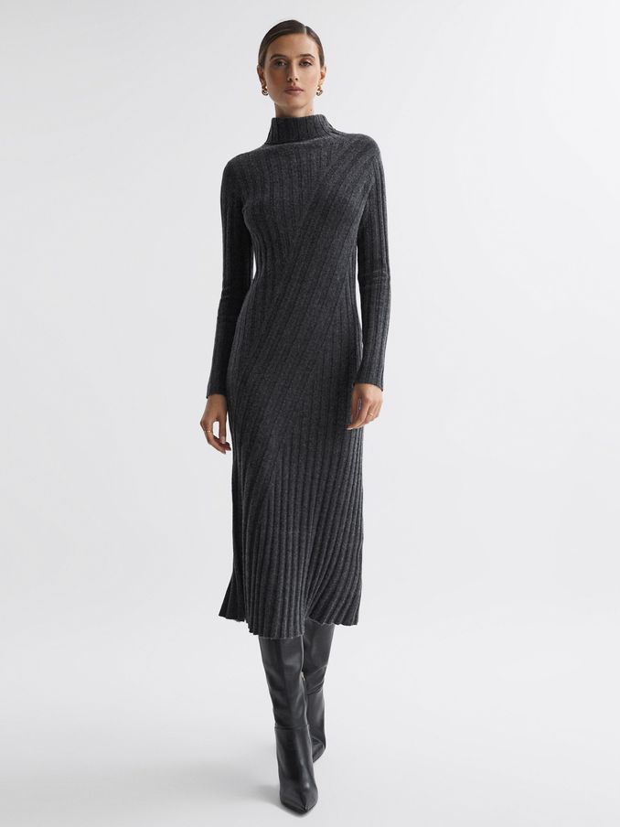 Knitted Roll Neck Midi Dress in Charcoal (852611) | US$132