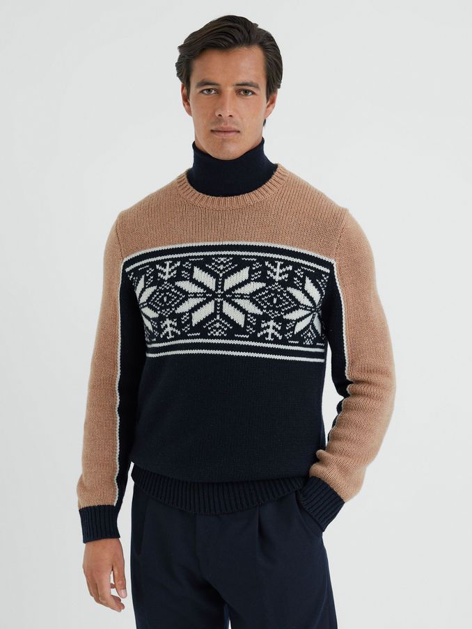 Fairisle Pattern Crew Neck Jumper in Navy/Camel (864793) | €59