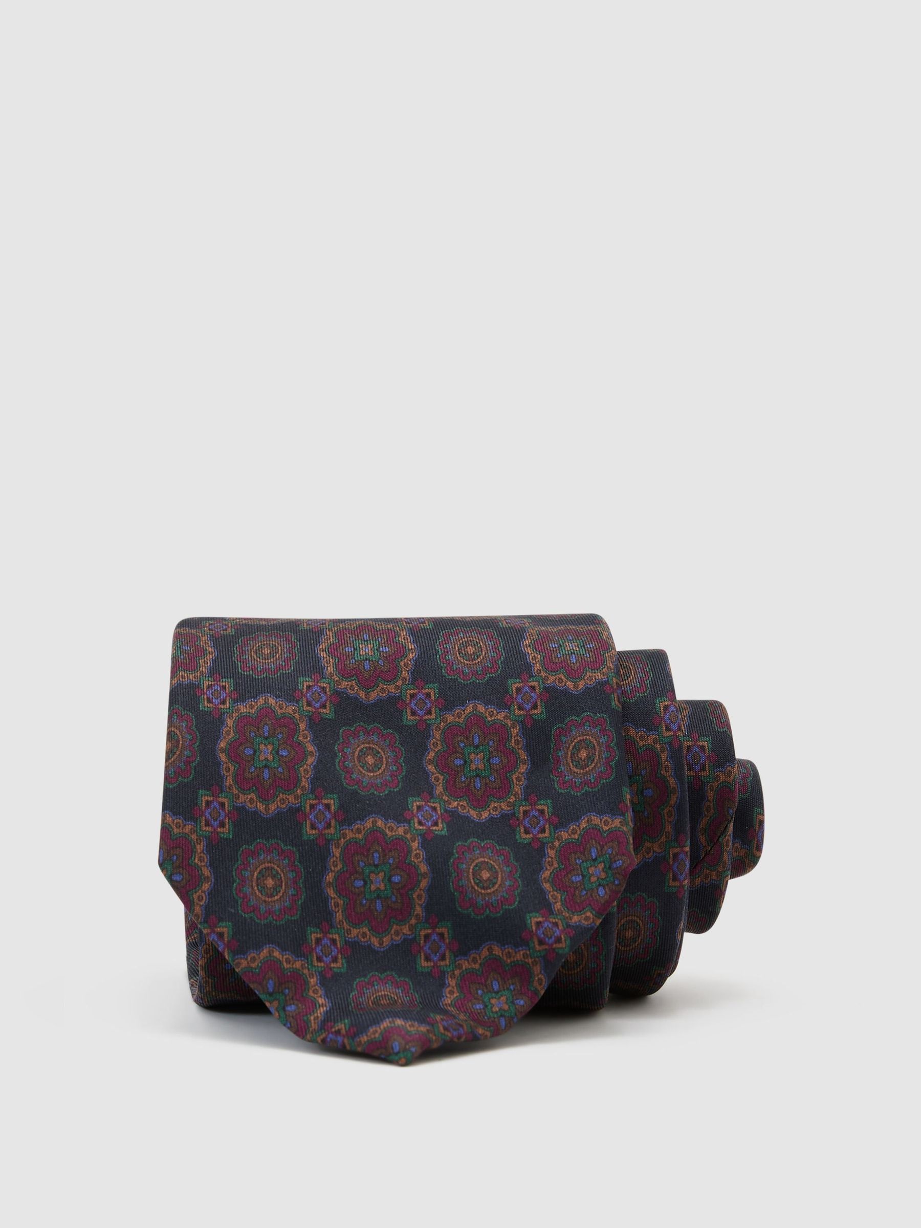 Navy - Regular Silk Floral Medallion-print Tie