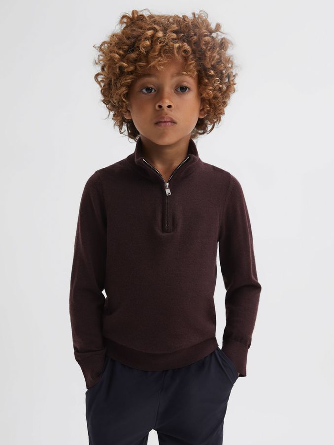 3-9 yrs Merino Wool Zip-Neck Jumper in Bordeaux (866873) | CA$65