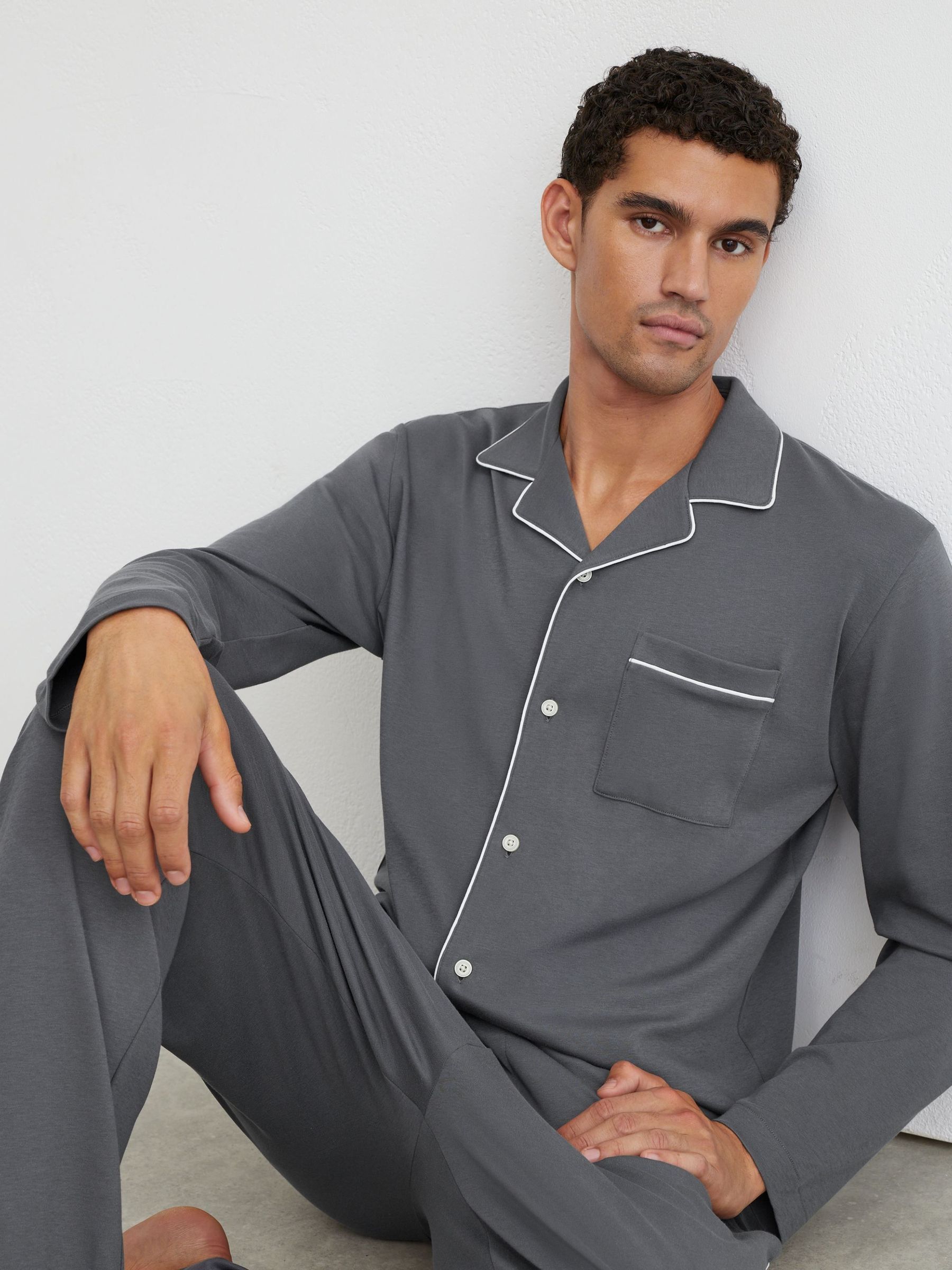 Light Charcoal Grey - Regular Cotton Jersey Piped Pyjama Set