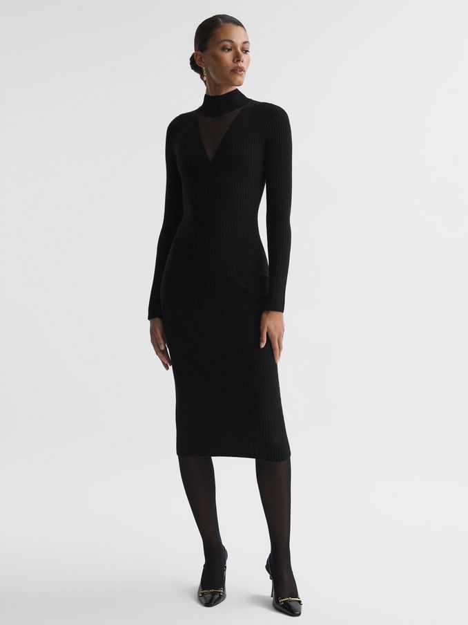 Ribbed Mesh Panel Bodycon Midi Dress in Black (875610) | €84