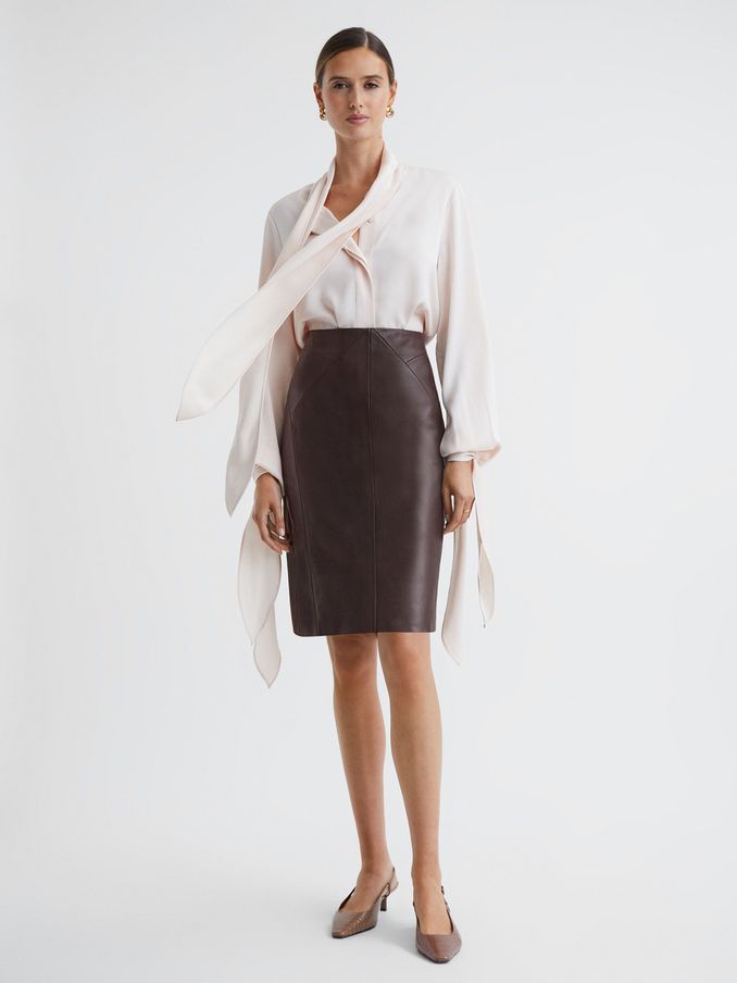 Leather High Rise Midi Skirt in Berry (897223) | CA$150