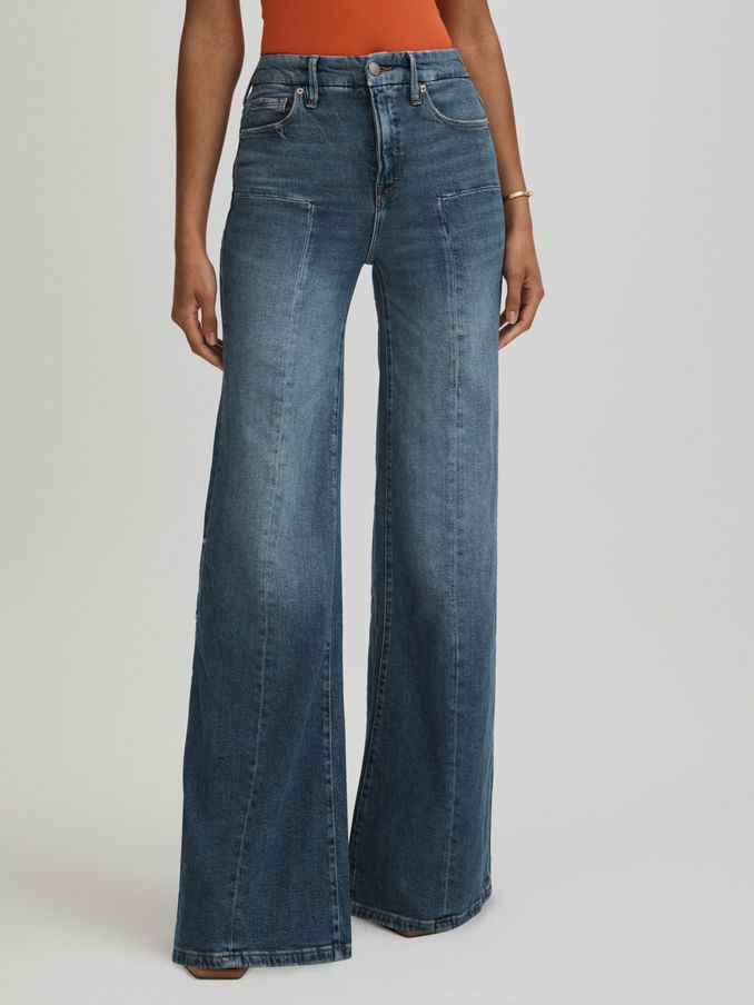 Good American High Rise Distressed Palazzo Jeans in Blue (898038) | HK$1,140