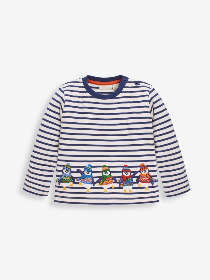 Stripe Penguin Appliqué Top in Ecru Navy Stripe (89B960) | $12