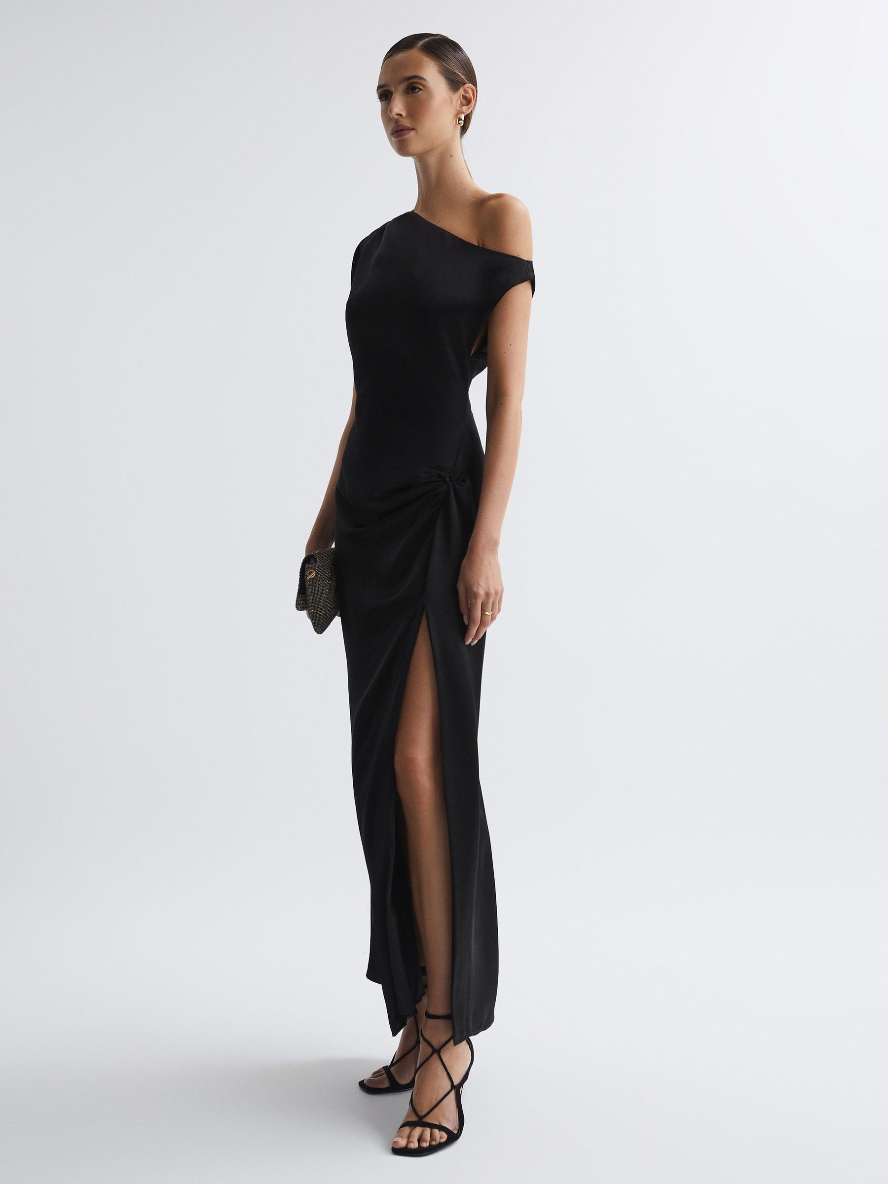 Anna Quan Satin Draped Maxi Dress in Black (900830) | SGD 492