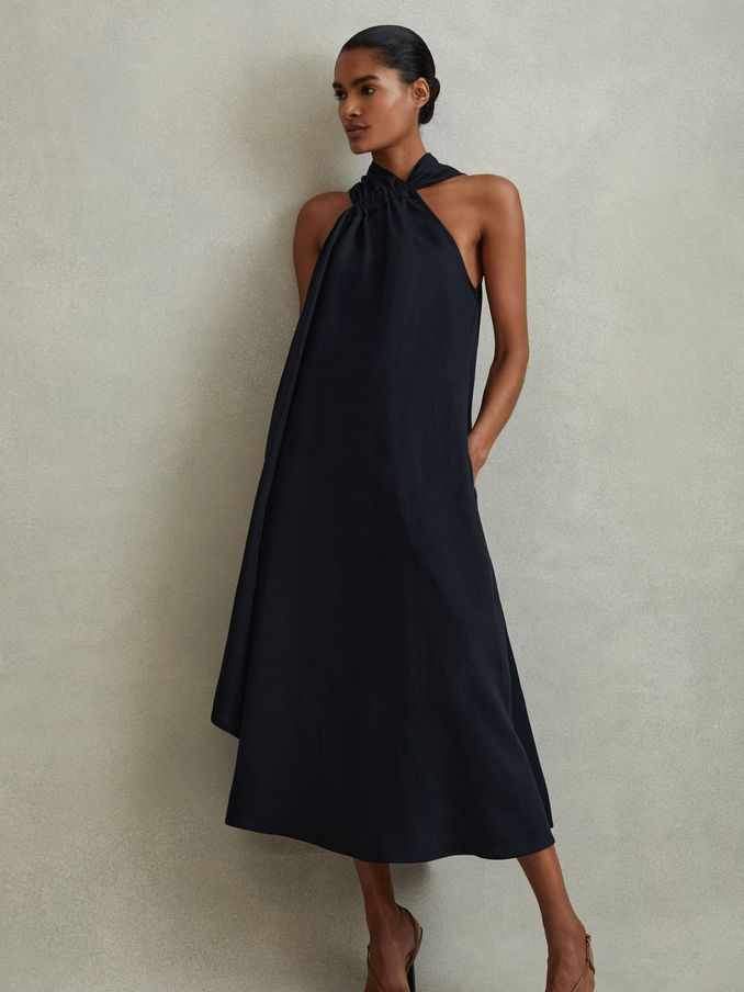 Linen Blend Drape Midi Dress in Navy (913309) | US$208