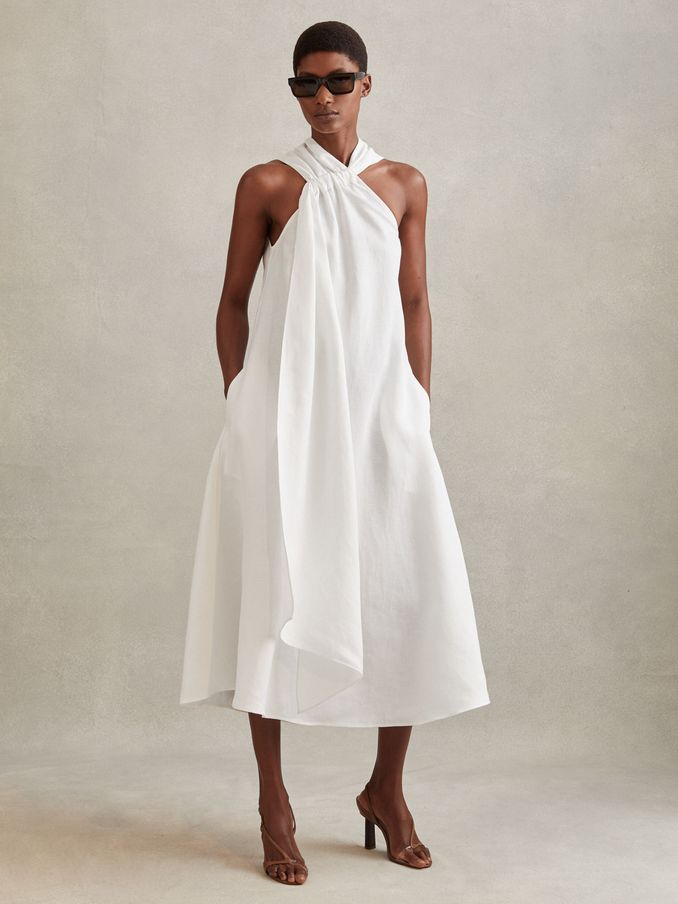 Linen Blend Drape Midi Dress in White (913742) | US$130
