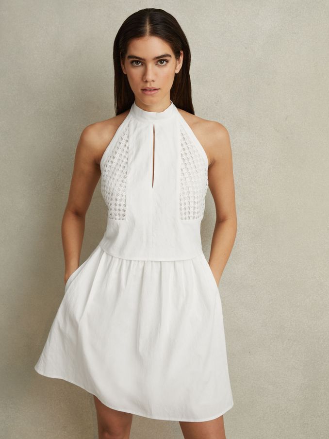 Broderie Halter Neck Mini Dress With Linen in White (913881) | US$133