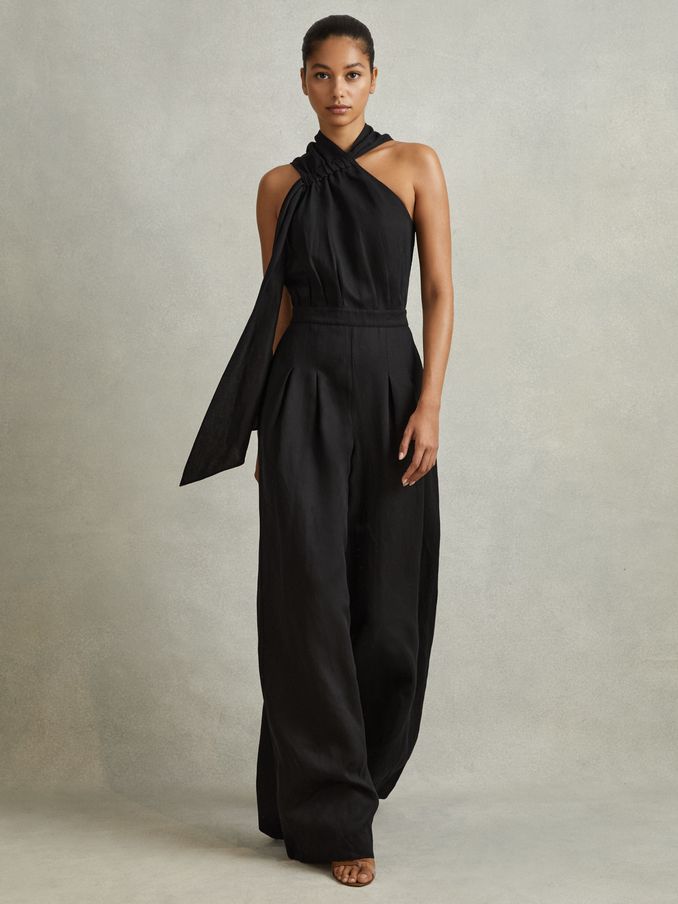 Linen Blend Drape Jumpsuit in Black (914381) | US$226