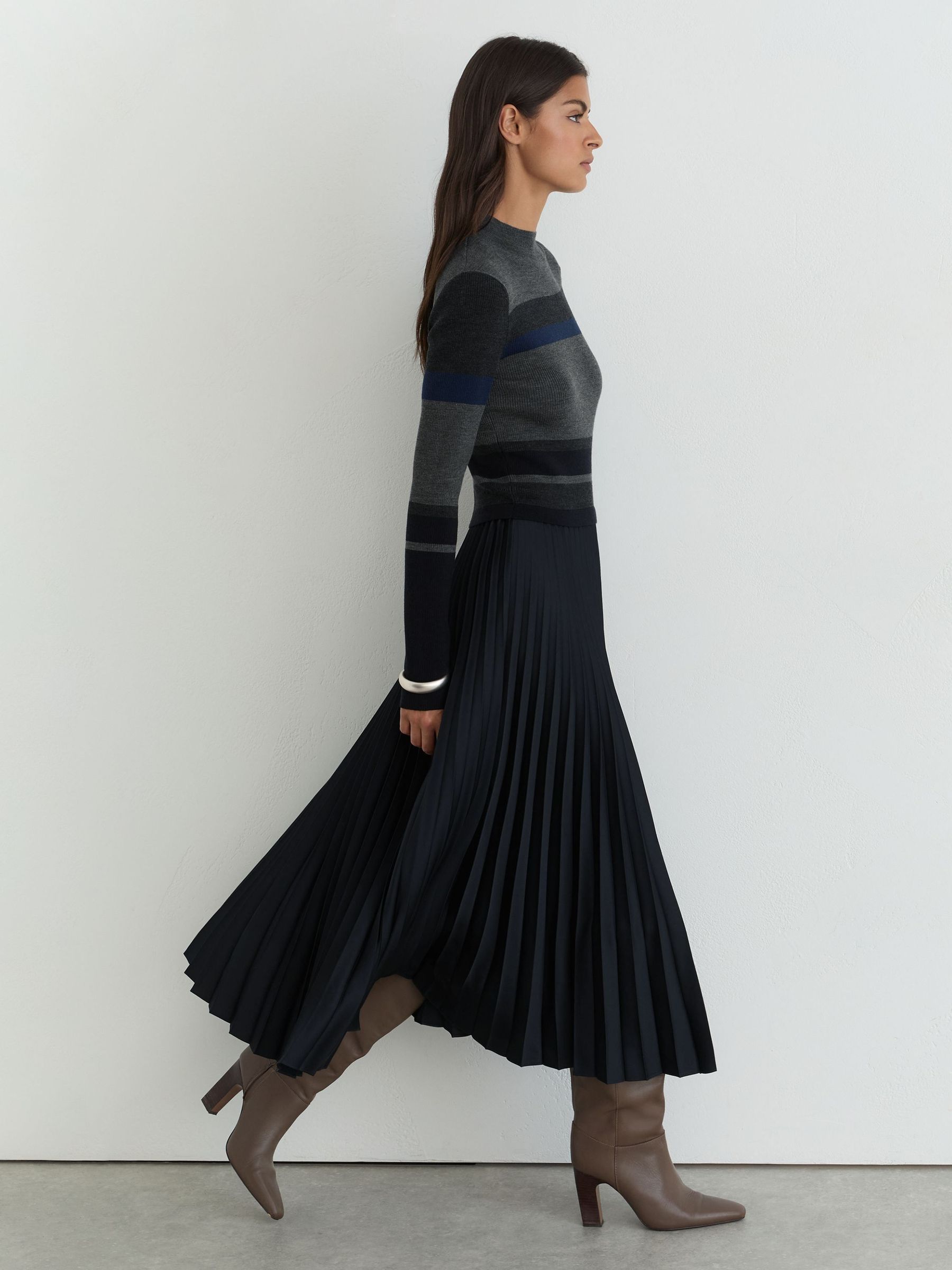 Grey - Striped Knit Mix Pleated Midi Dress