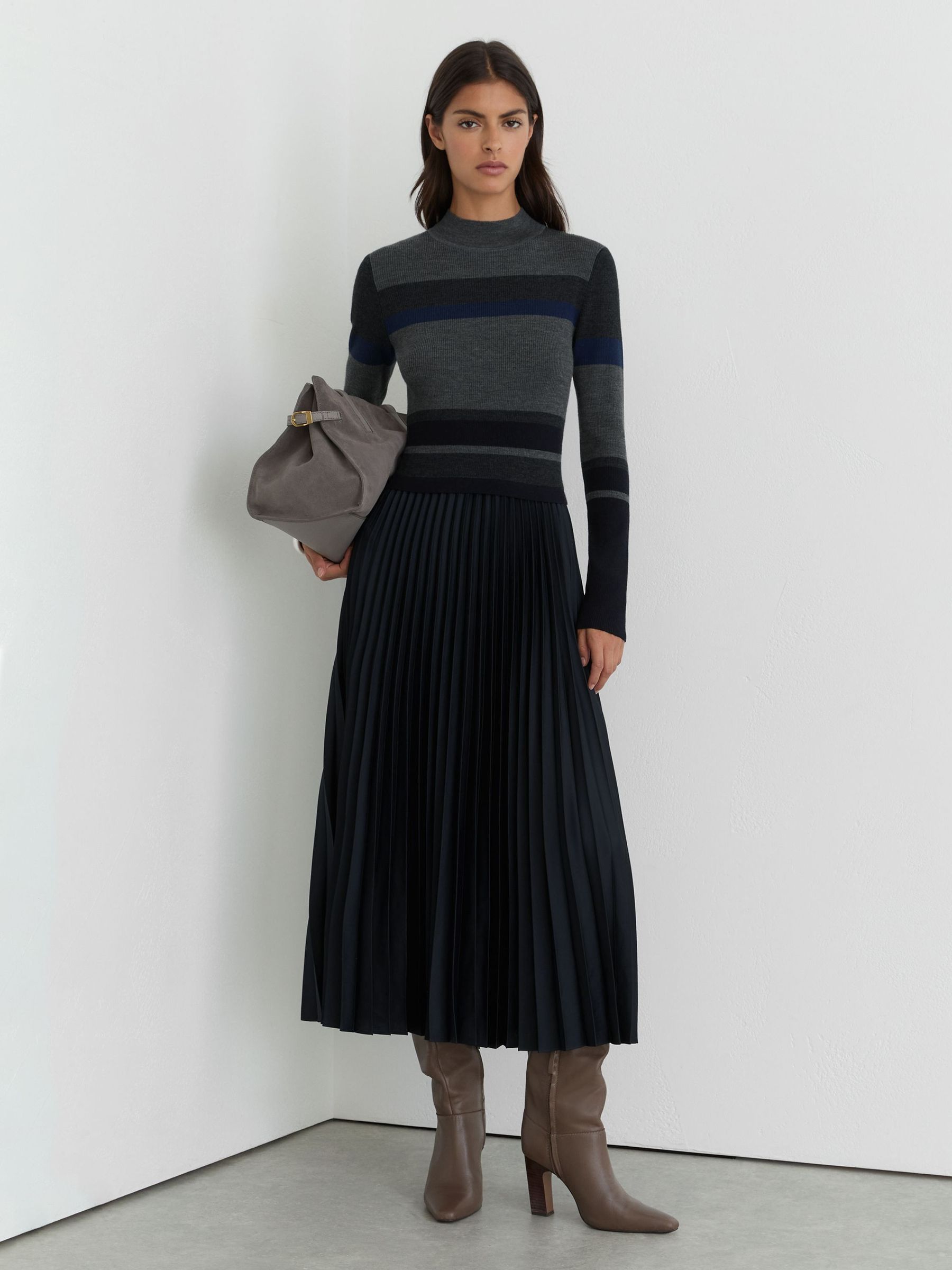 Grey - Striped Knit Mix Pleated Midi Dress