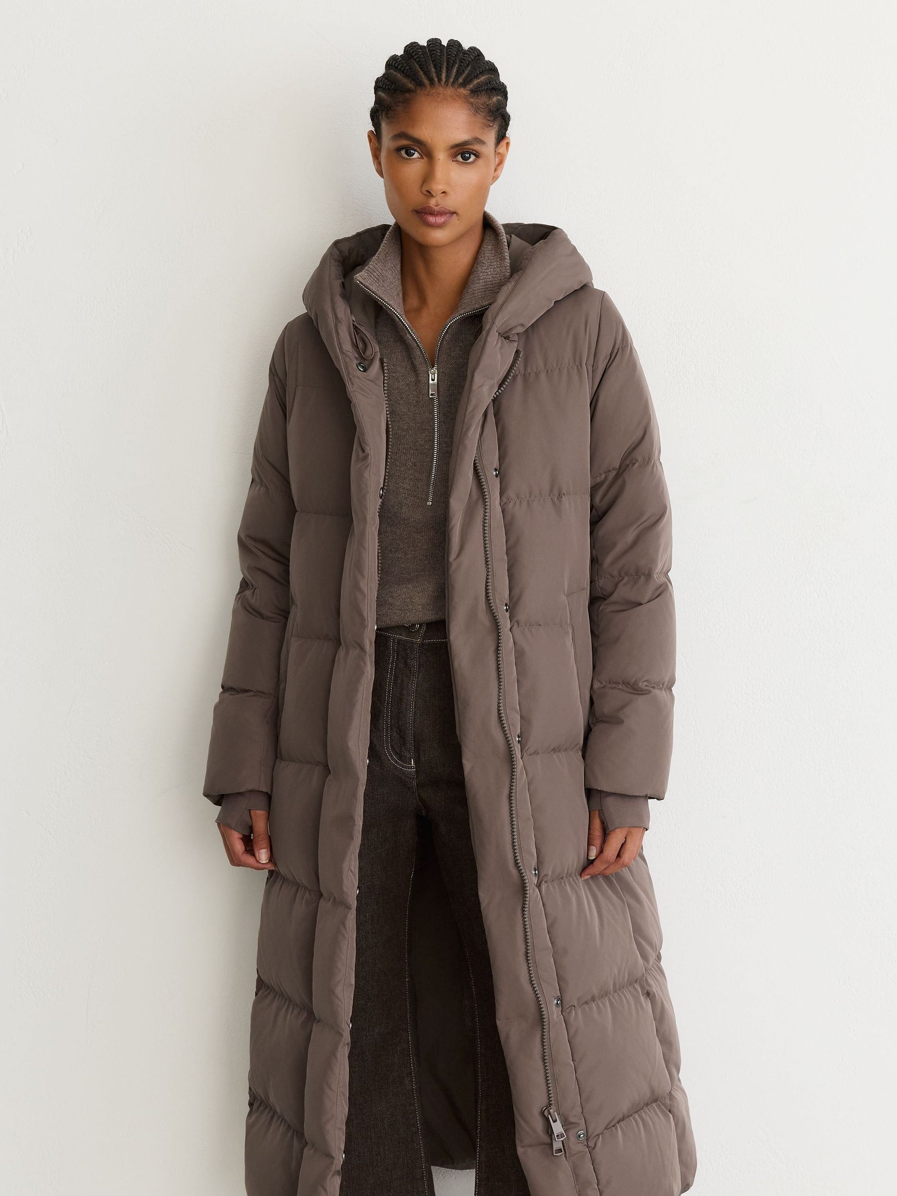 Taupe Neutral - Belted Longline Hooded Puffer Coat