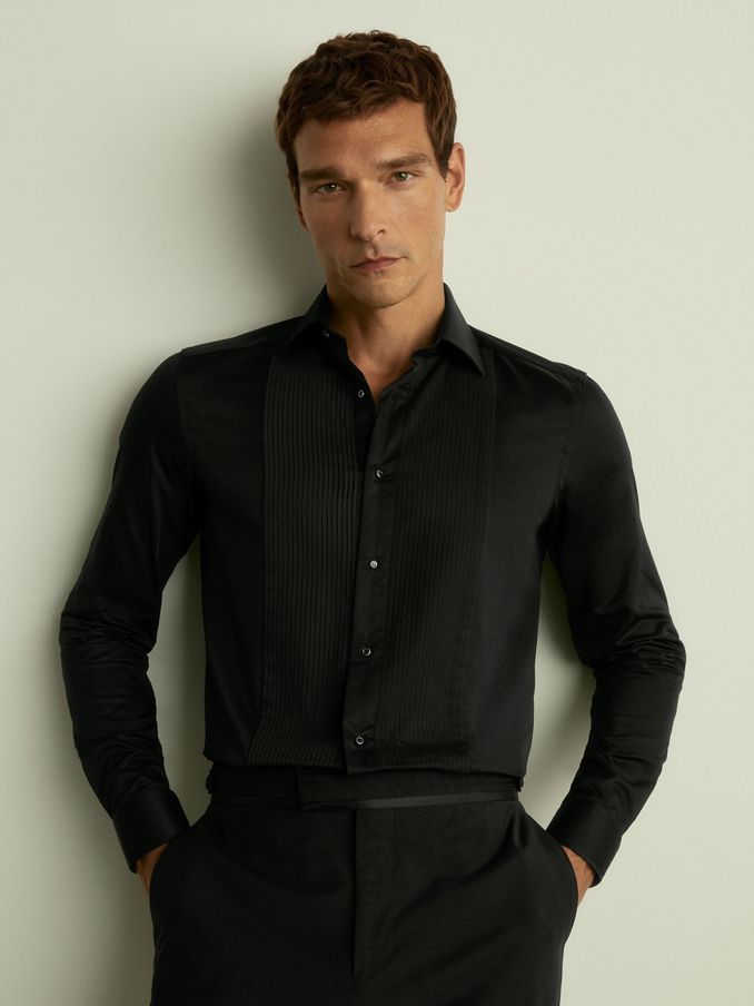 Slim Fit Slim Fit Cotton Marcella Tuxedo Shirt in Black (924474) | US$190