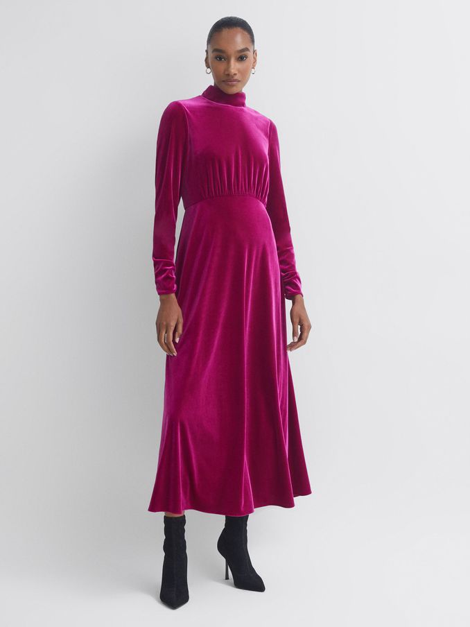 Florere Velvet Midi Dress in Bright Pink (938050) | US$86