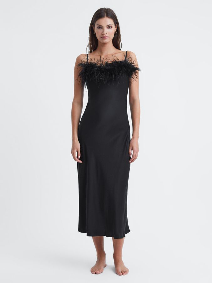 Sleeper Feather Midi Slip Dress in Black (950915) | CHF 245