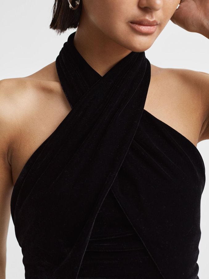 Velvet Halter Neck Cropped Top in Black (956415) | US$47