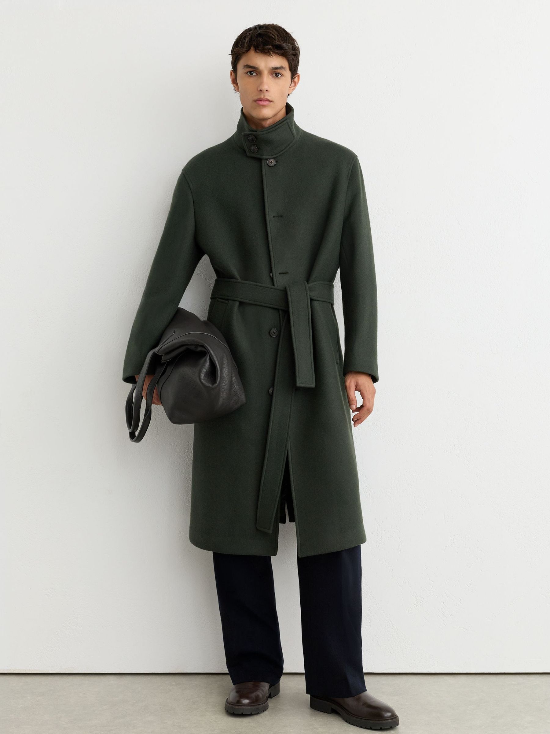 Vert émeraude - Regular Wool-blend Belted Funnel-neck Overcoat
