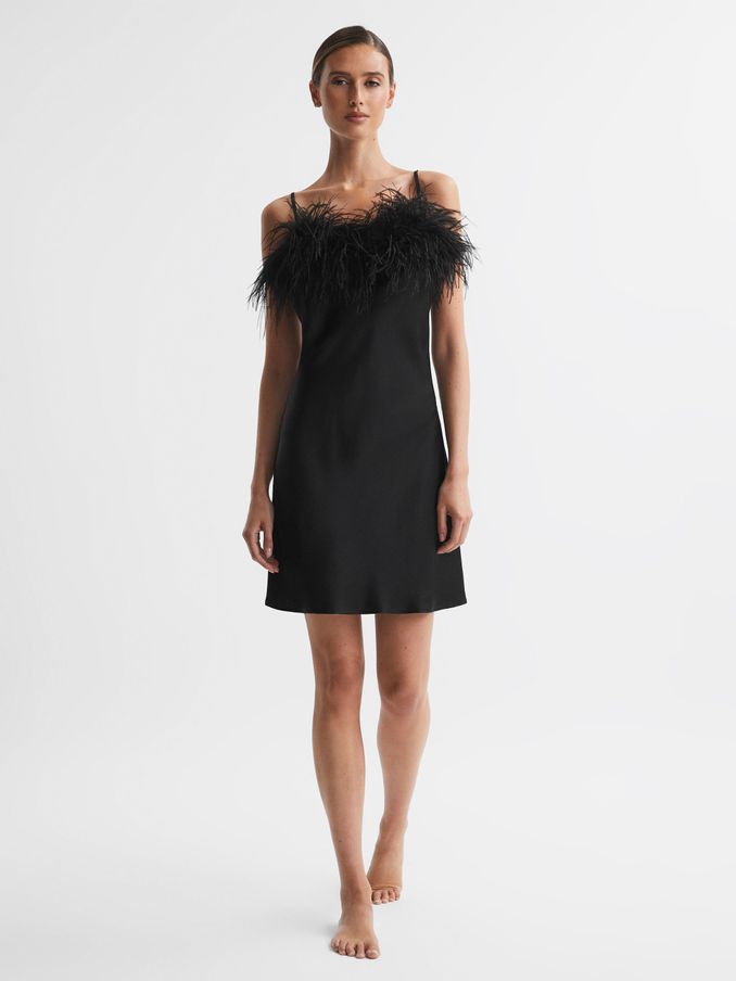Sleeper Feather Mini Slip Dress in Black (972983) | US$250