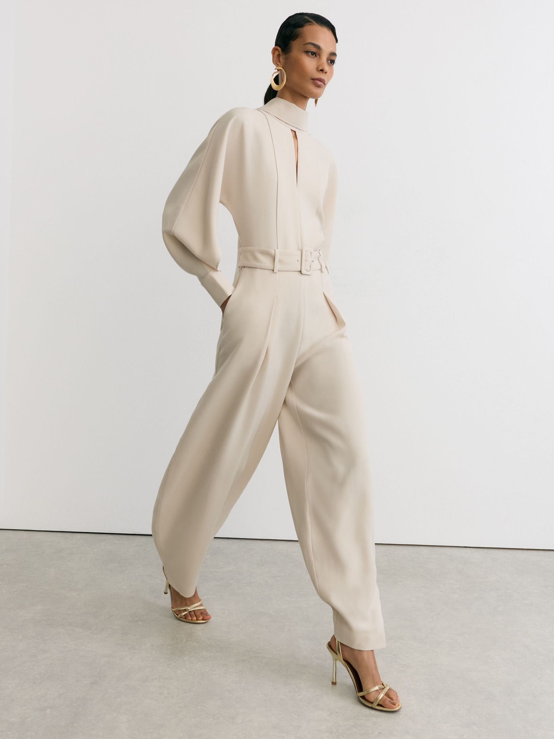 Stone Neutral - High-neck Belted Barrel-leg Jumpsuit