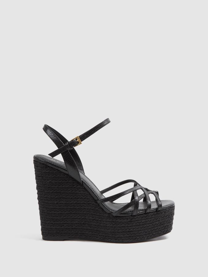 Leather Raffia Platform Wedge Heels in Black (980012) | US$95