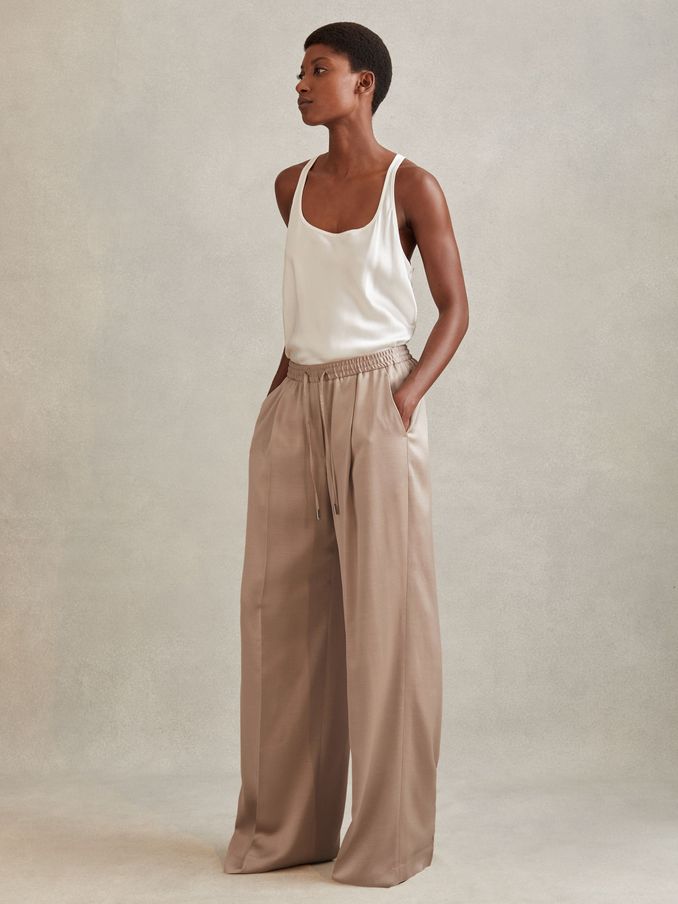 Satin Drawstring Wide Leg Trousers in Gold (980217) | US$200