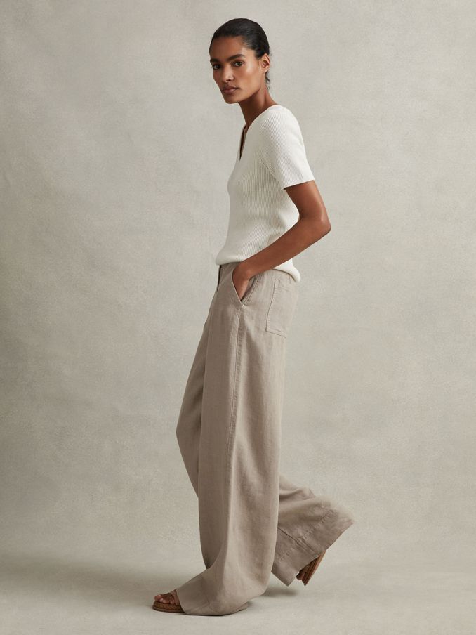 Linen Wide Leg Garment Dyed Trousers in Light Khaki (980239) | €129