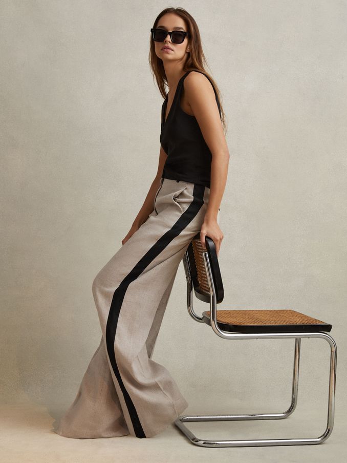 Colourblock Linen Wide Leg Trousers in Neutral (980251) | US$166