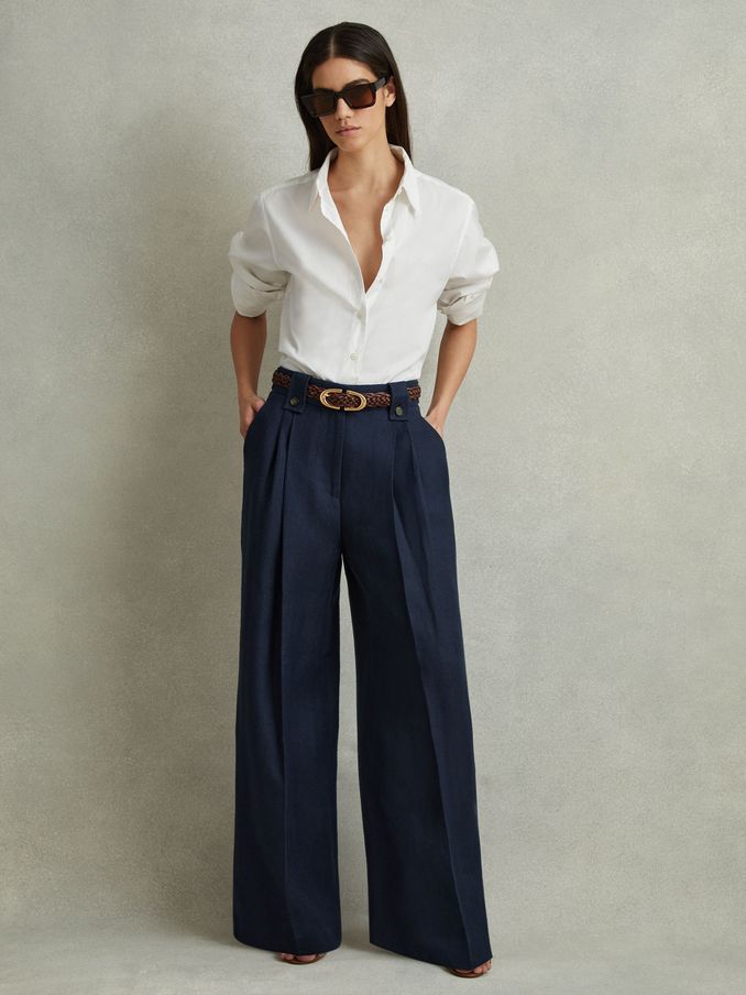 Linen Front Pleat Trousers in Navy (980316) | US$143