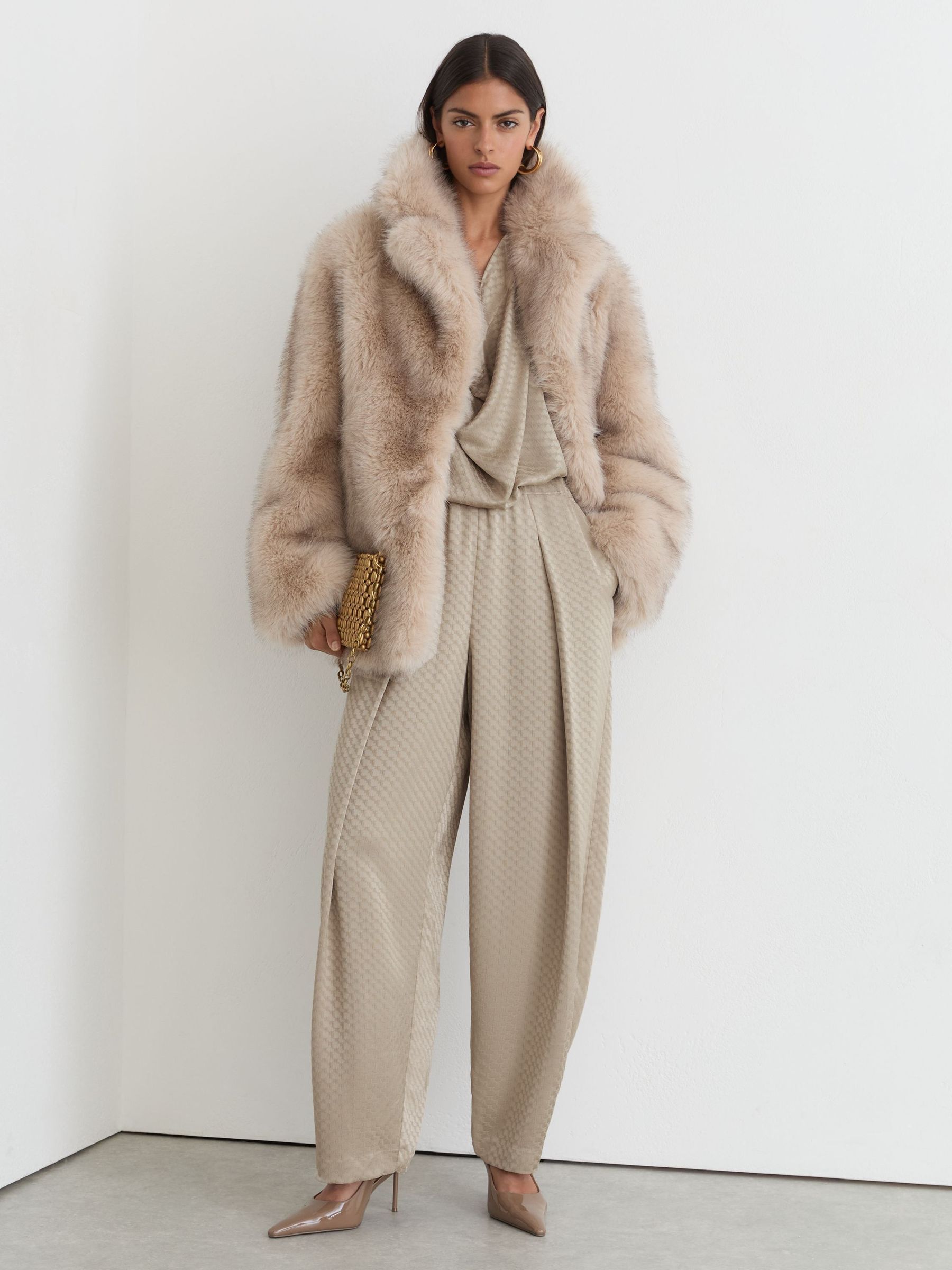Champagner/Neutral - Jacquard Pleated Tapered Trousers