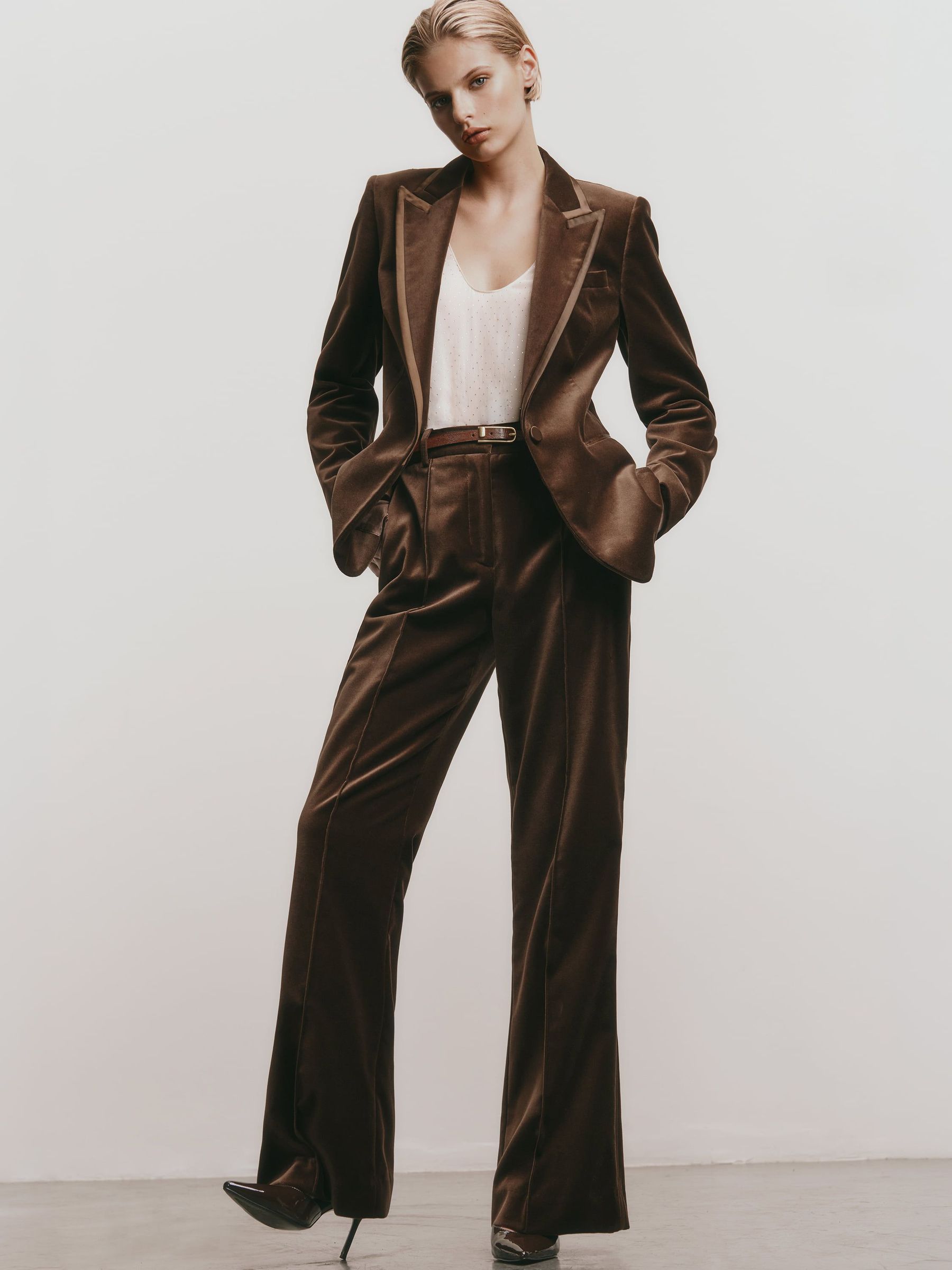 Mocha Brown - Velvet Flared Tuxedo Trousers