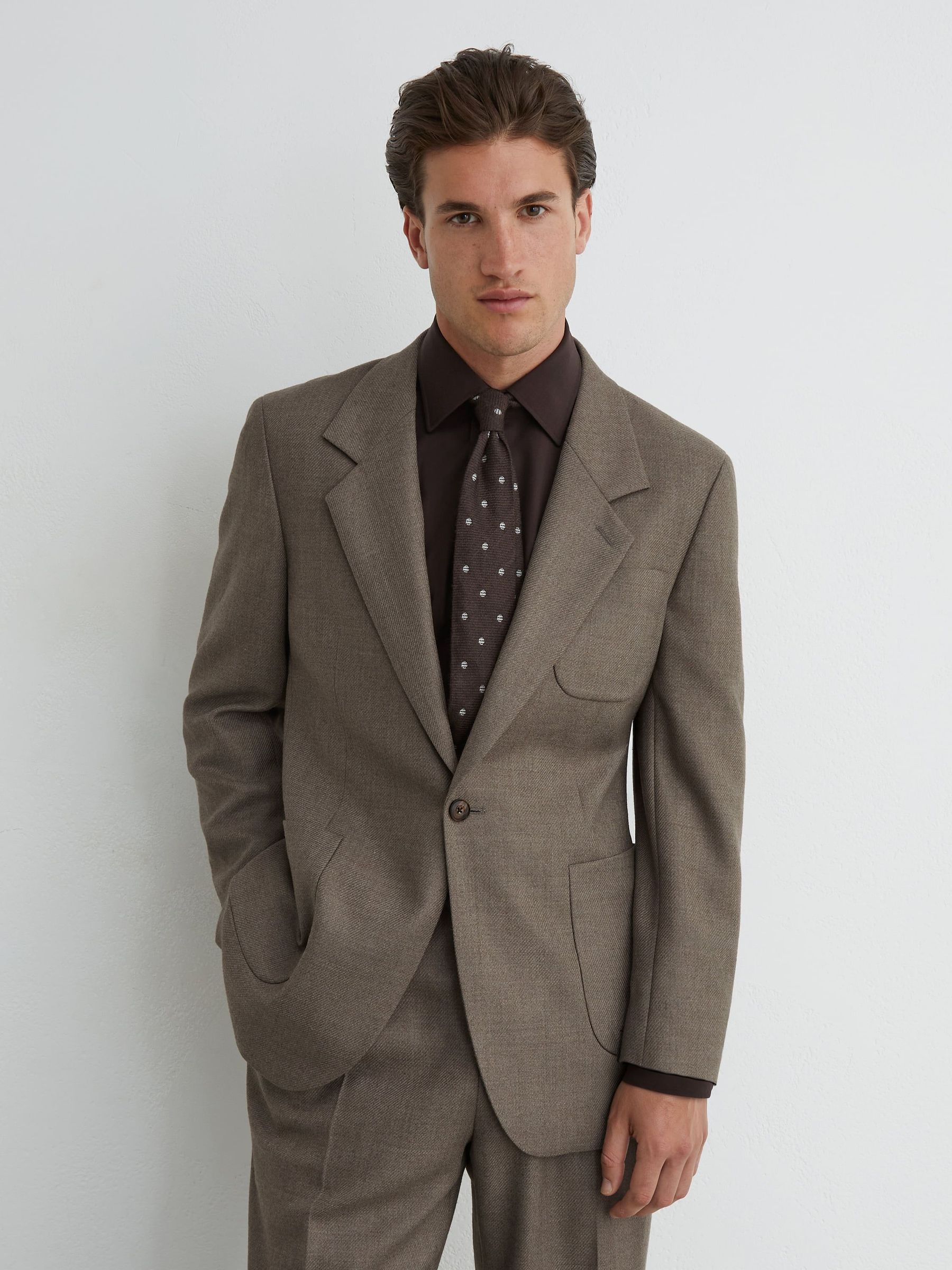 بني مشروم - Classic Fit Reiss Terrain Jacket Wool-blend Twill Single-breasted Suit Blazer