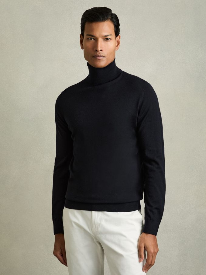 Slim Fit Merino Wool Roll Neck Jumper in Navy (986266) | €82