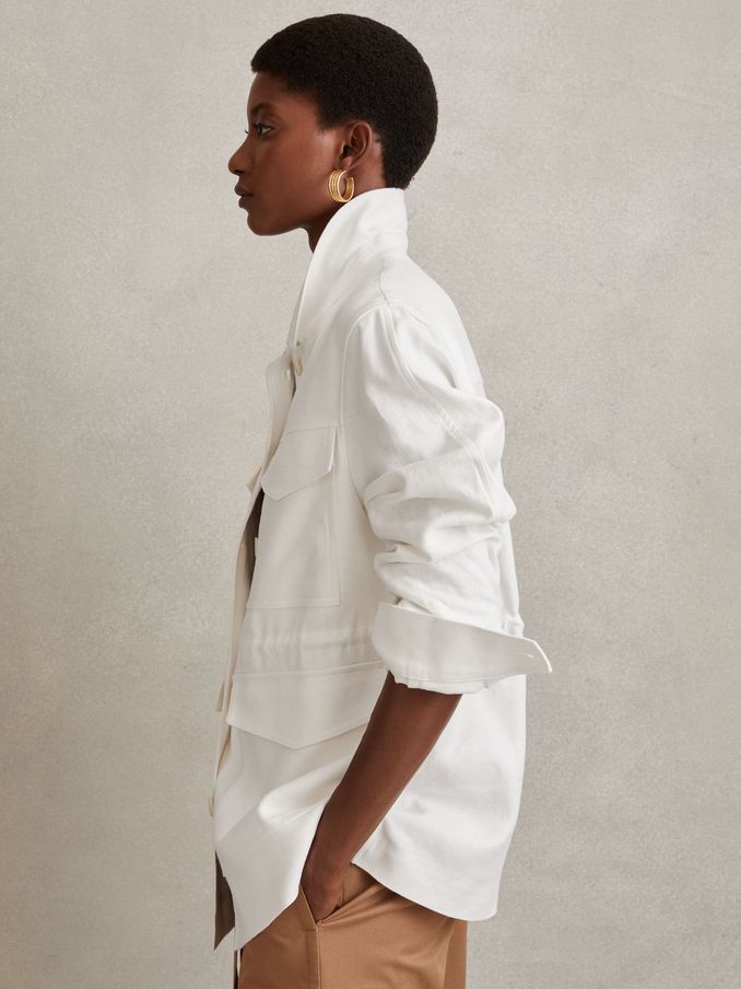 Linen Blend Drawstring Overshirt in White (990579) | 503 QAR