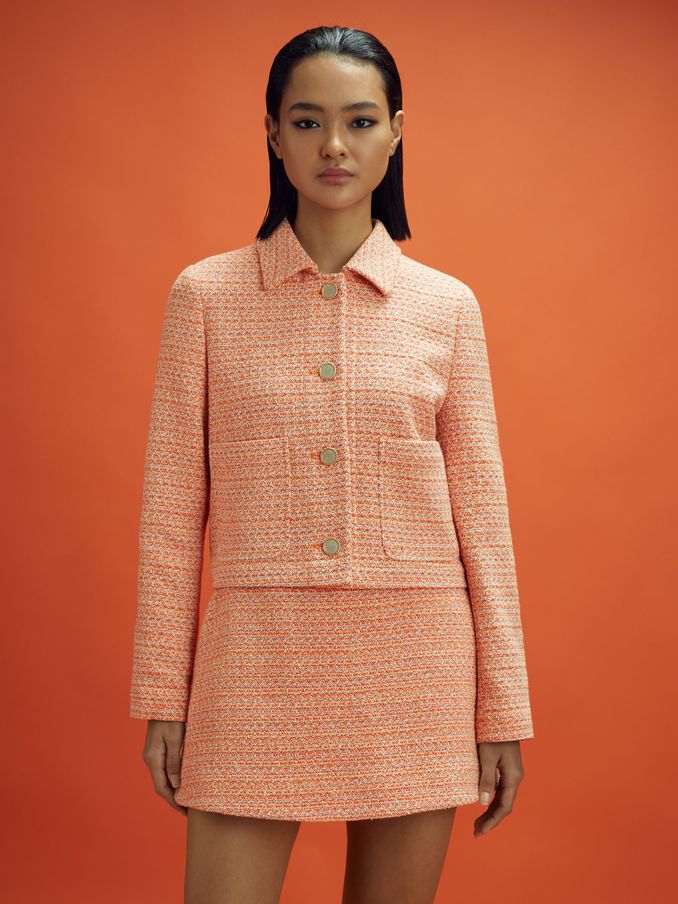 McLaren F1 Boucle Cropped Jacket in Papaya (990587) | US$255