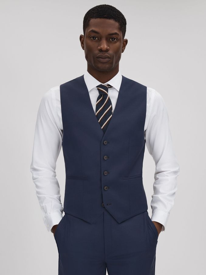 Destiny Navy Wool Single Breasted Slim Fit Waistcoat (990663) | US$164