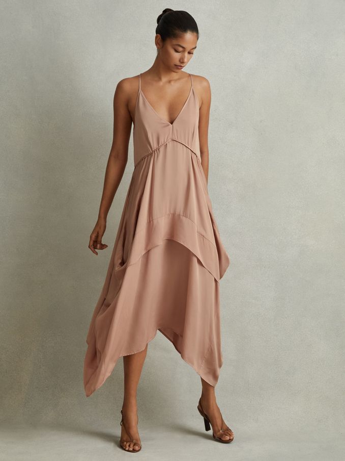 Viscose Side Pleat Asymmetric Midi Dress in Nude (990783) | US$131