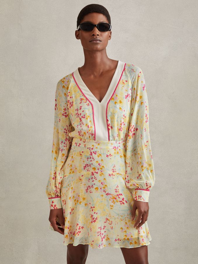 Floral Print Puff Sleeve Mini Dress in Pink/Yellow (990909) | €86