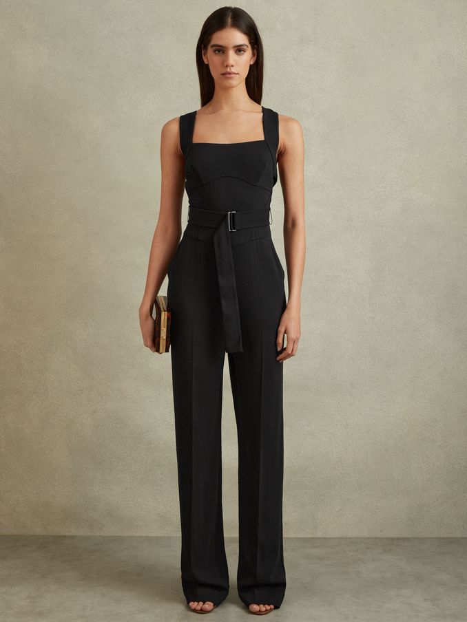 Cross Back Belted Jumpsuit in Black (990928) | US$173
