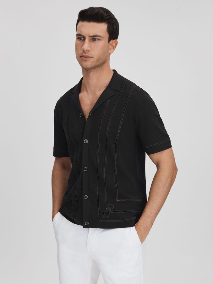 Embroidered Cuban Collar Shirt in Black (990970) | €89
