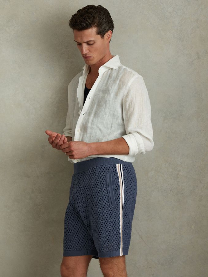 Cotton Blend Crochet Drawstring Shorts in Airforce Blue (991072) | €69