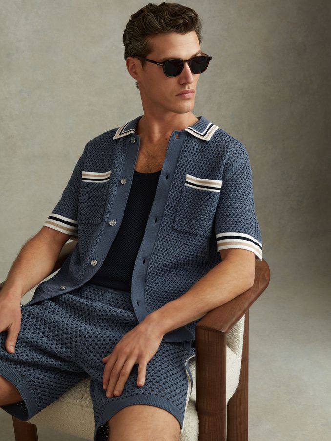 Cotton Blend Crochet Shirt in Airforce Blue (991194) | €96