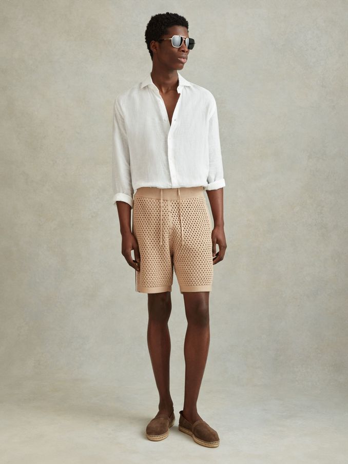 Cotton Blend Crochet Drawstring Shorts in Soft Taupe (991290) | US$62