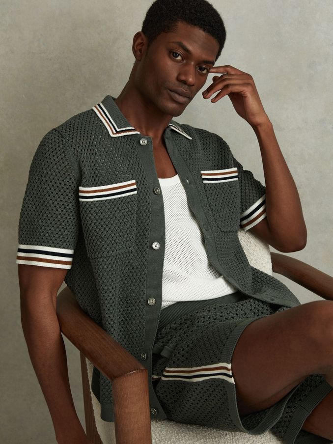 Cotton Blend Crochet Drawstring Shorts in Dark Sage Green (991347) | €69
