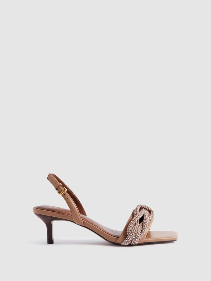 Leather Embellished Knot Kitten Heels in Tan (991447) | US$181