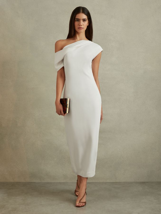 Draped Bodycon Midi Dress in Ivory (991552) | US$148